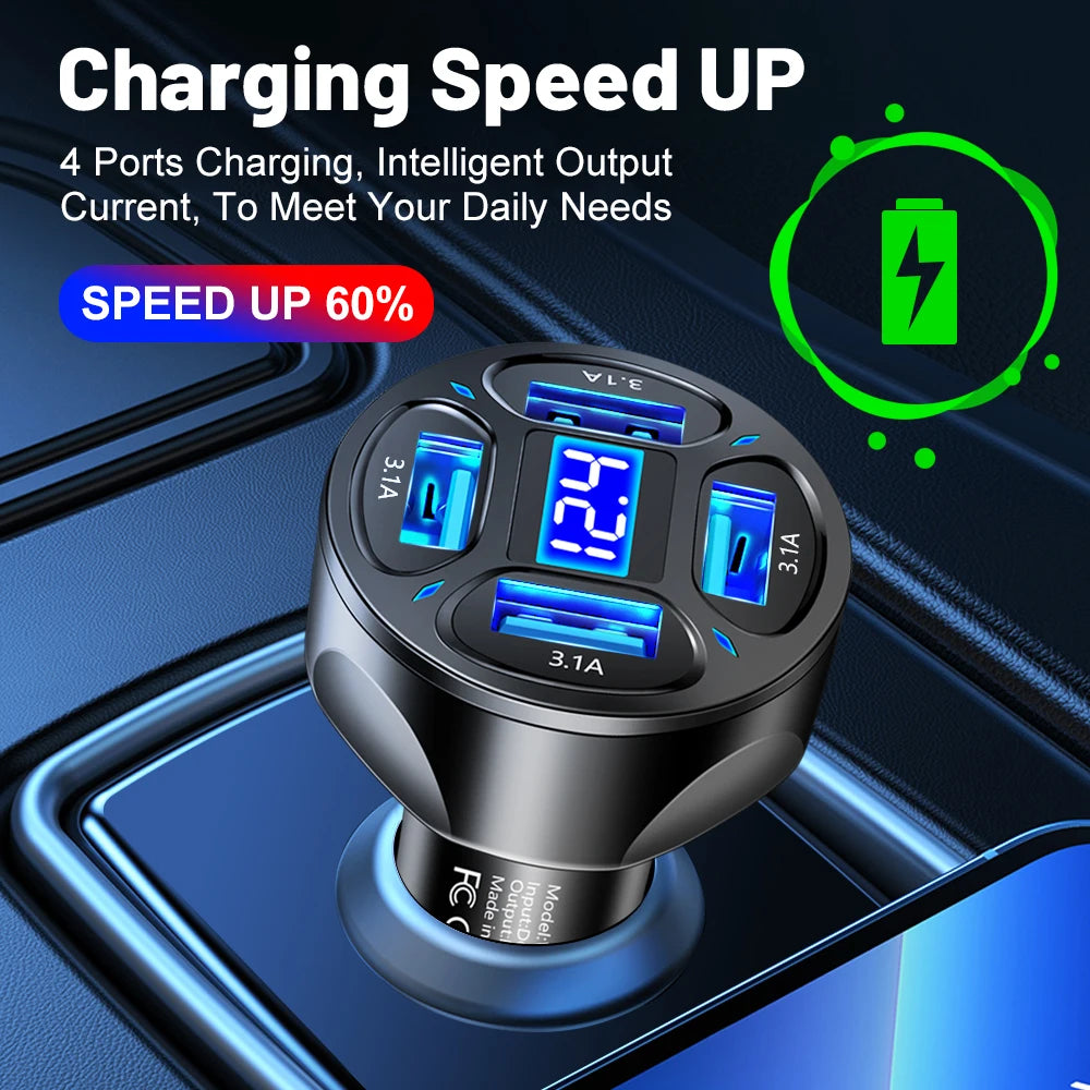 15W Car Charger 4 Ports USB Chargers Fast Charging Mobile Phone Charger Adapter for iPhone 15 Xiaomi 3.1A Quick Charging in Car