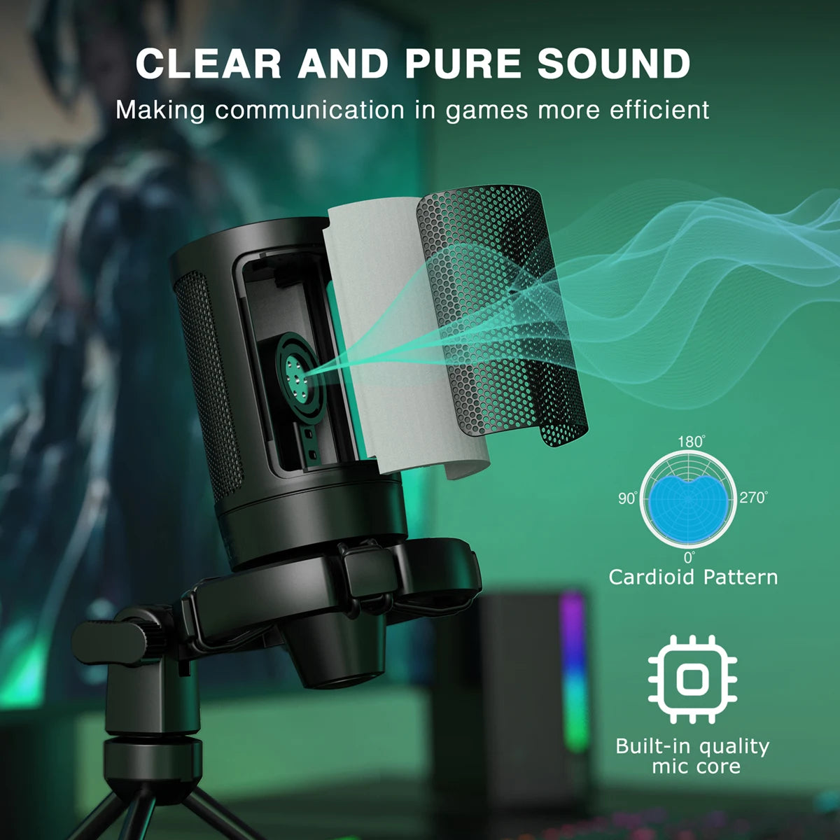 Gaming Microphone with Light-touch Mute,Condenser Mic with Tripod for PC,PS4/5,Laptop Streaming-A2