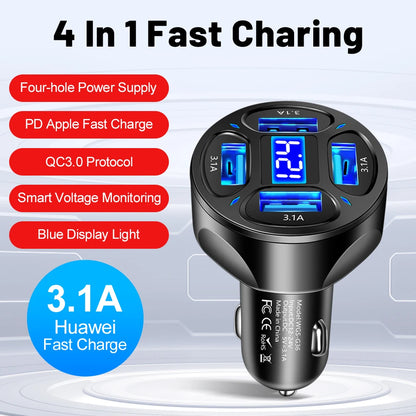 15W Car Charger 4 Ports USB Chargers Fast Charging Mobile Phone Charger Adapter for iPhone 15 Xiaomi 3.1A Quick Charging in Car