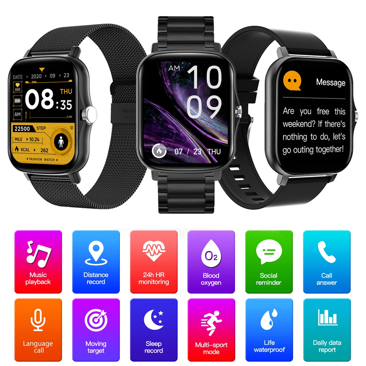 Black Color Smart Watch Men Women Smartwatch Male Touch Screen Smartclock For Android IOS Sport Fitness Tracker Life Waterproof