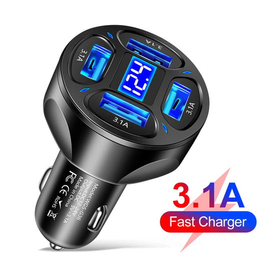 15W Car Charger 4 Ports USB Chargers Fast Charging Mobile Phone Charger Adapter for iPhone 15 Xiaomi 3.1A Quick Charging in Car